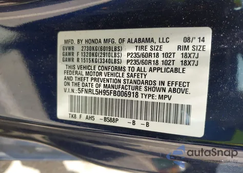 2015 Honda Odyssey Touring/Touring Elite z USA, uszkodzony, nr VIN 5FNRL5H95FB006918